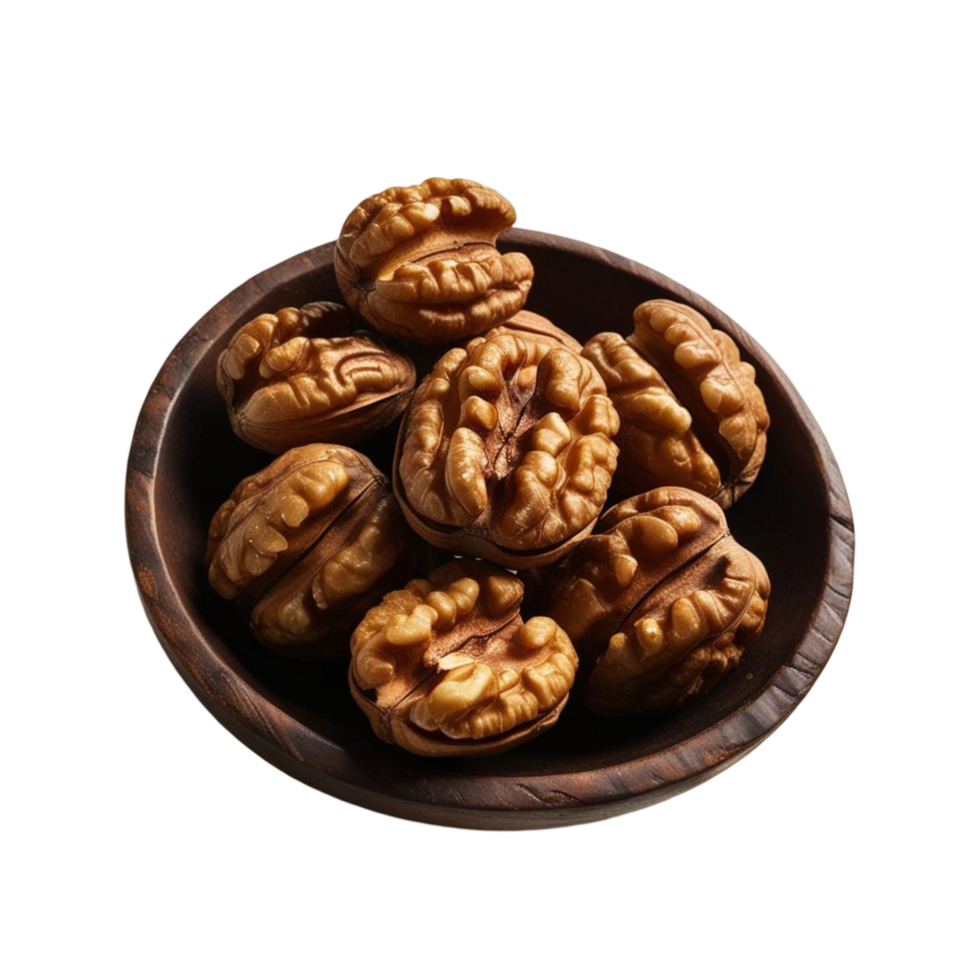 Wooden Bowl Filled with Whole Walnuts, Showcasing Textured Shells png