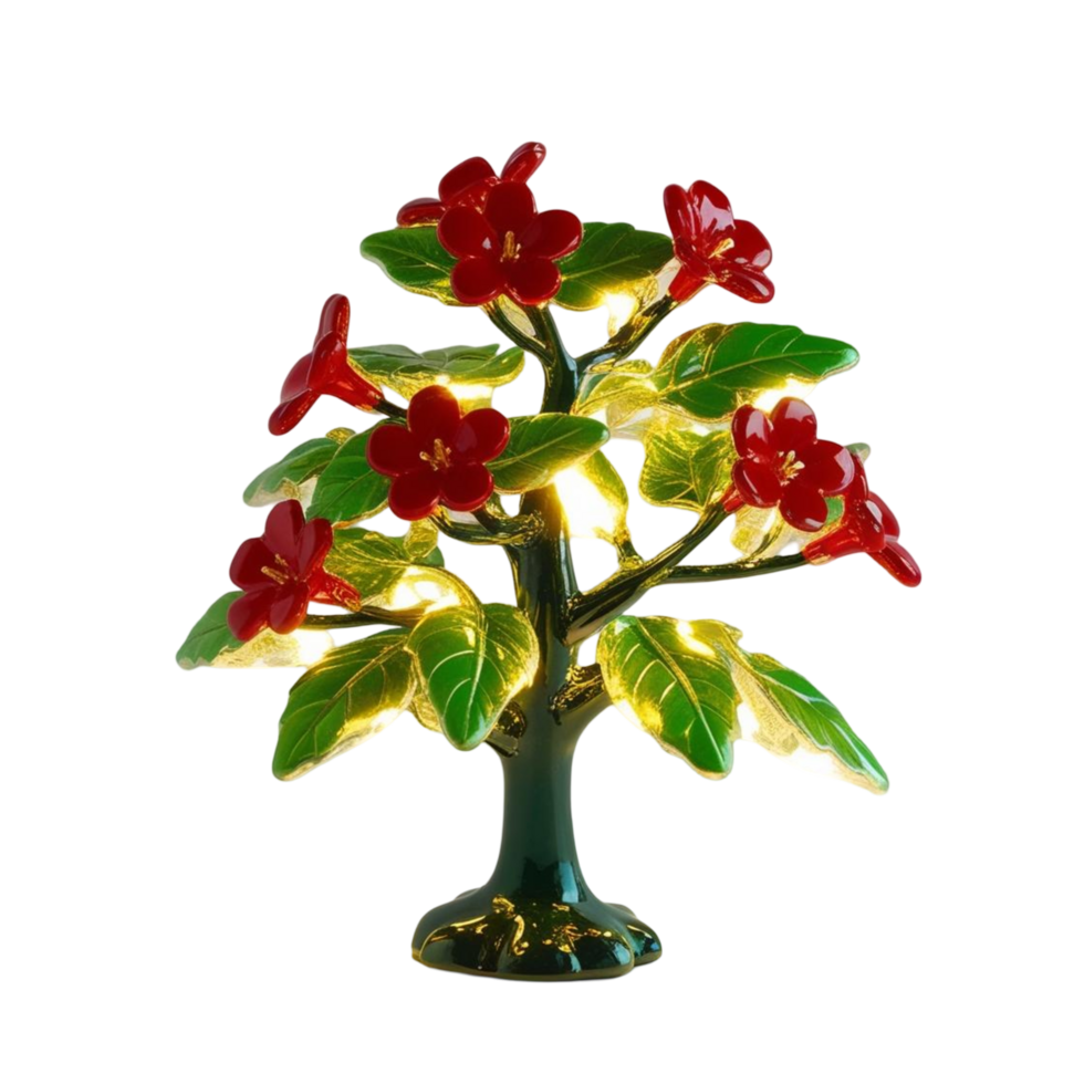 Elegant Tabletop Tree with Red Flowers and Soft Illumination png