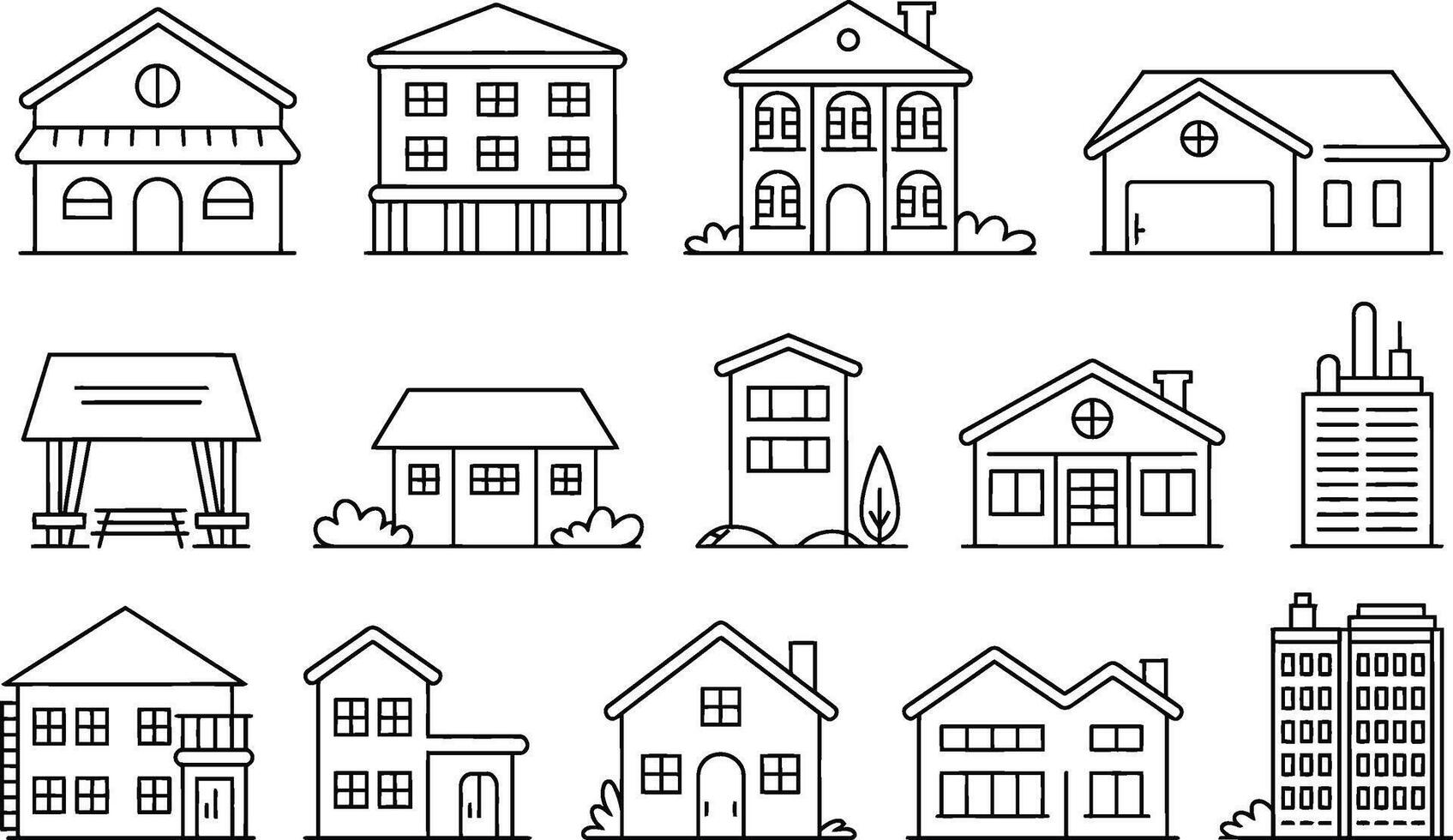 illustration of diverse house icons featuring simple outline architectural design vector