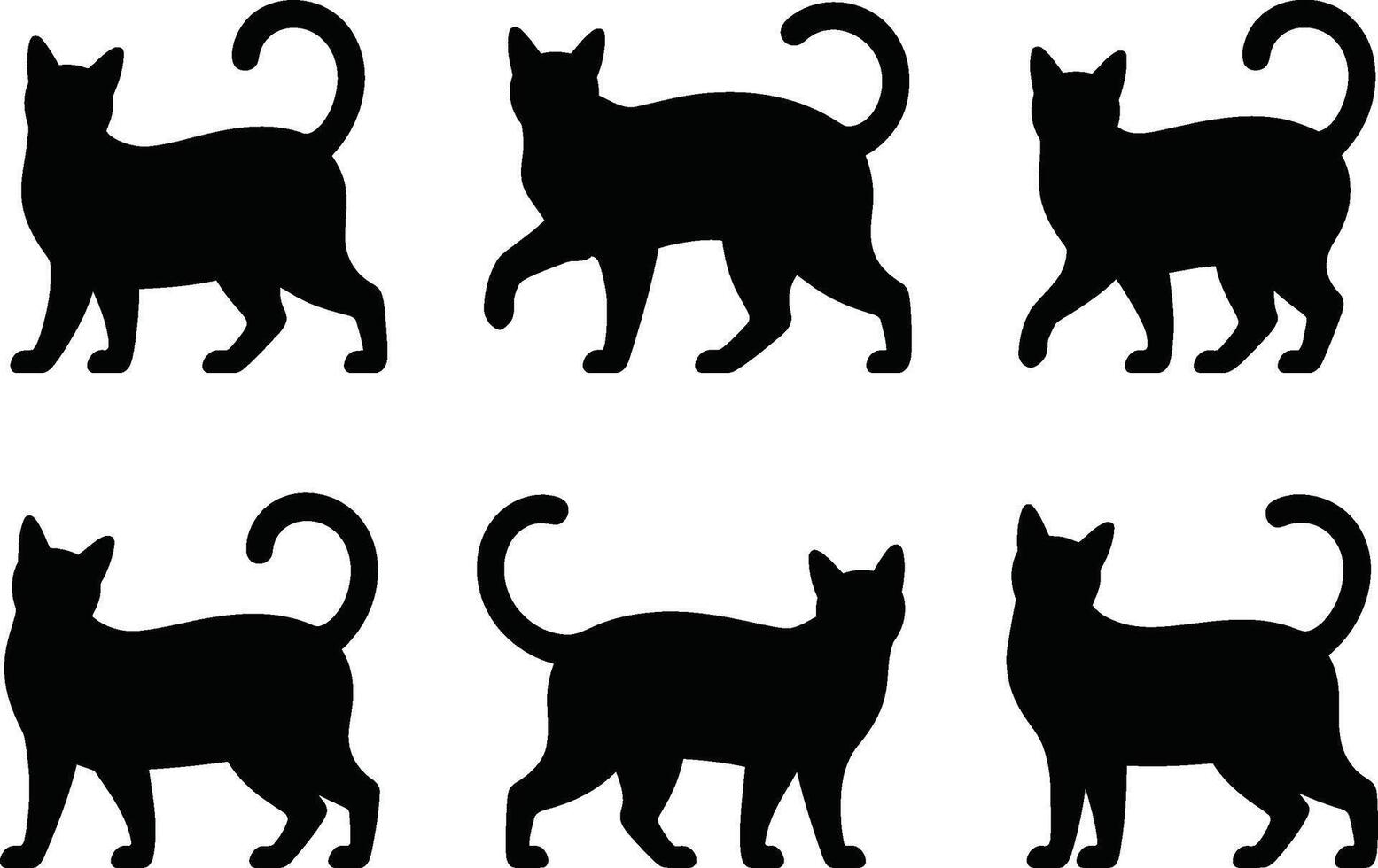 Black cat silhouettes in various poses on white background for design and decoration purposes vector
