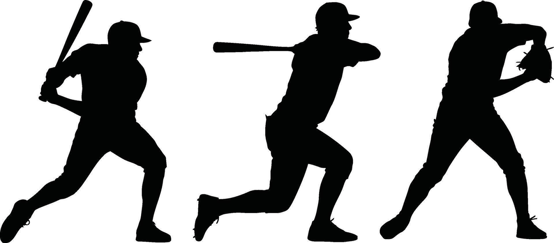 Dynamic silhouette illustrations of baseball players in various action poses on white background vector