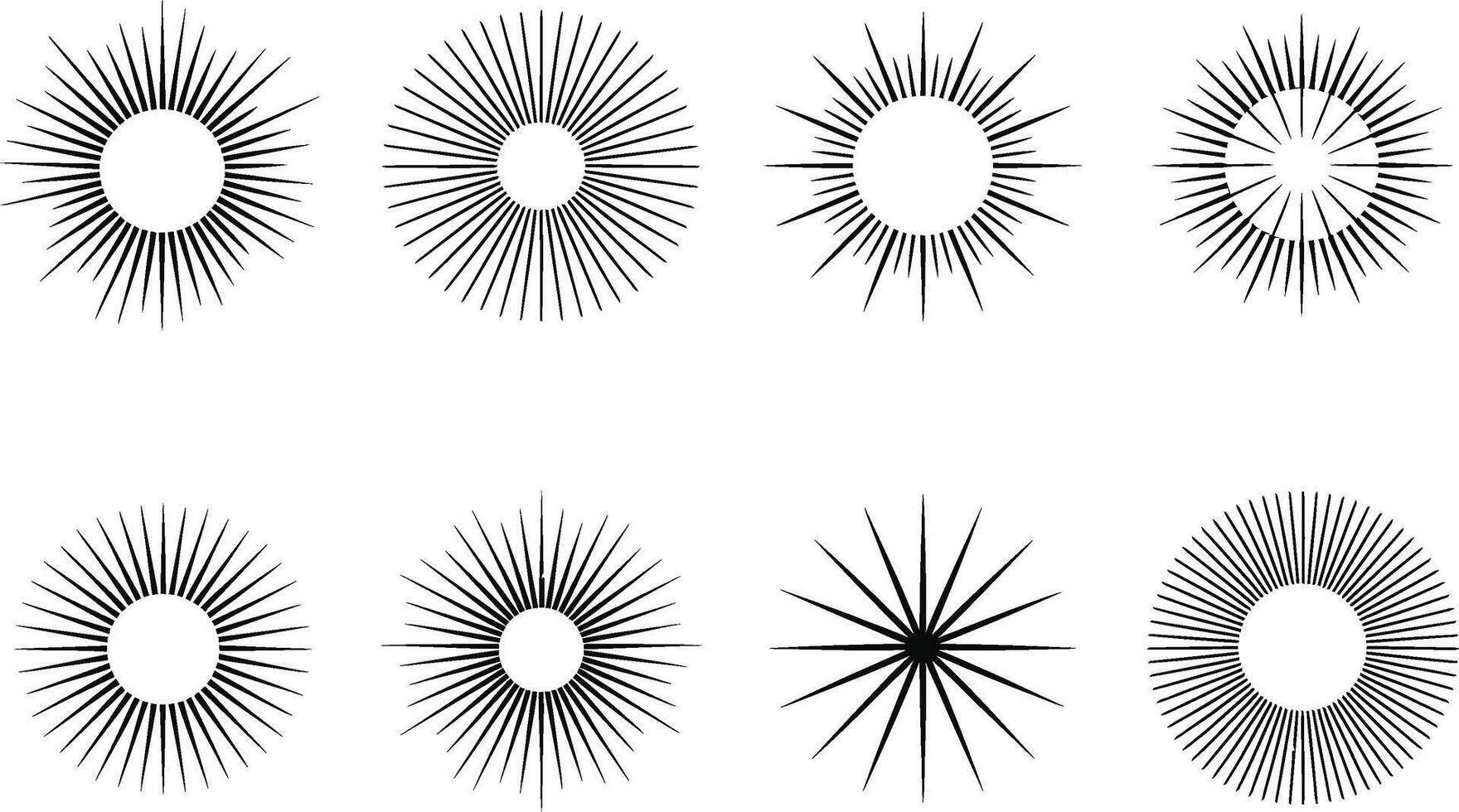 Collection of eight sunburst designs in black and white suitable for various graphic projects vector