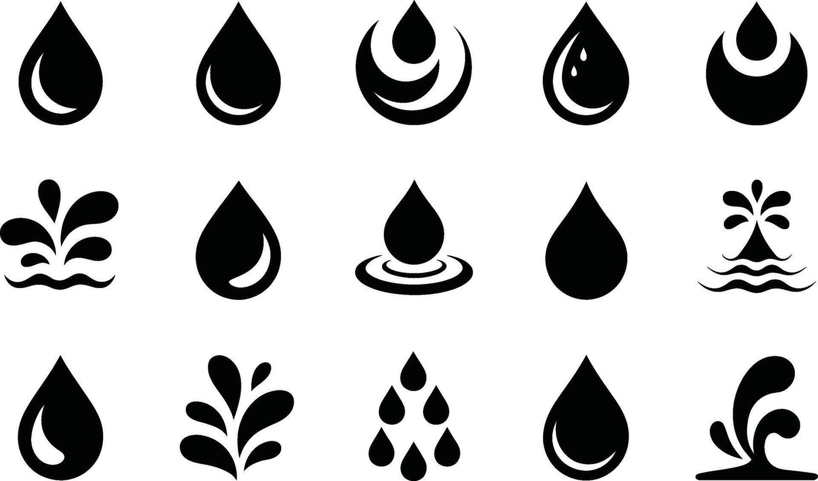 Collection of black water droplet icons and splash graphics design elements for digital use vector