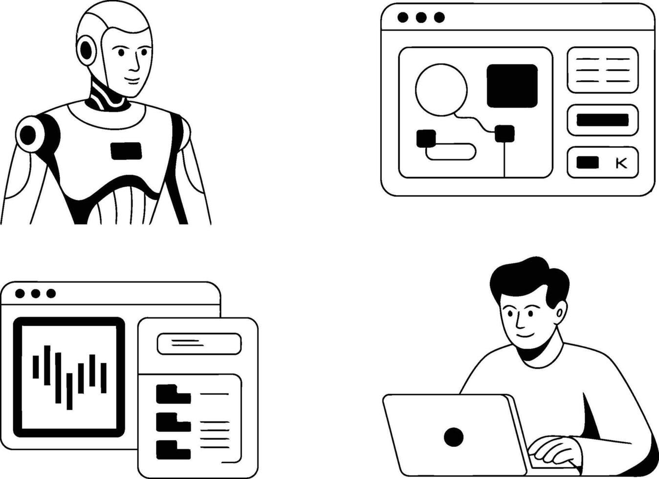 Modern ai and software development concepts represented with clean line art illustrations vector