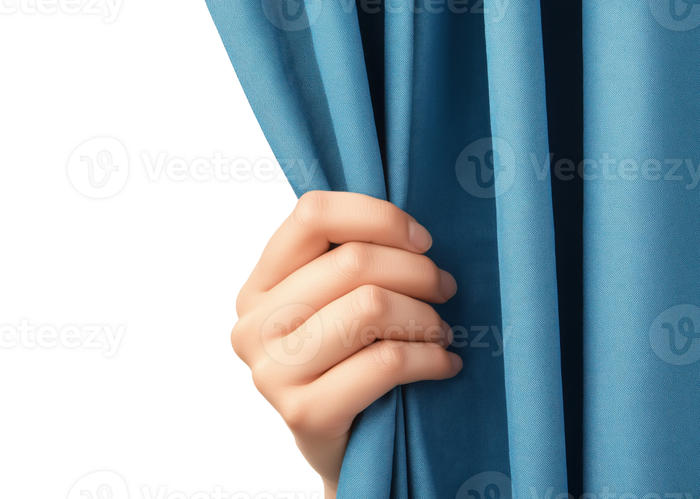 Human hand pulling open a blue curtain, isolated on a transparent background png
