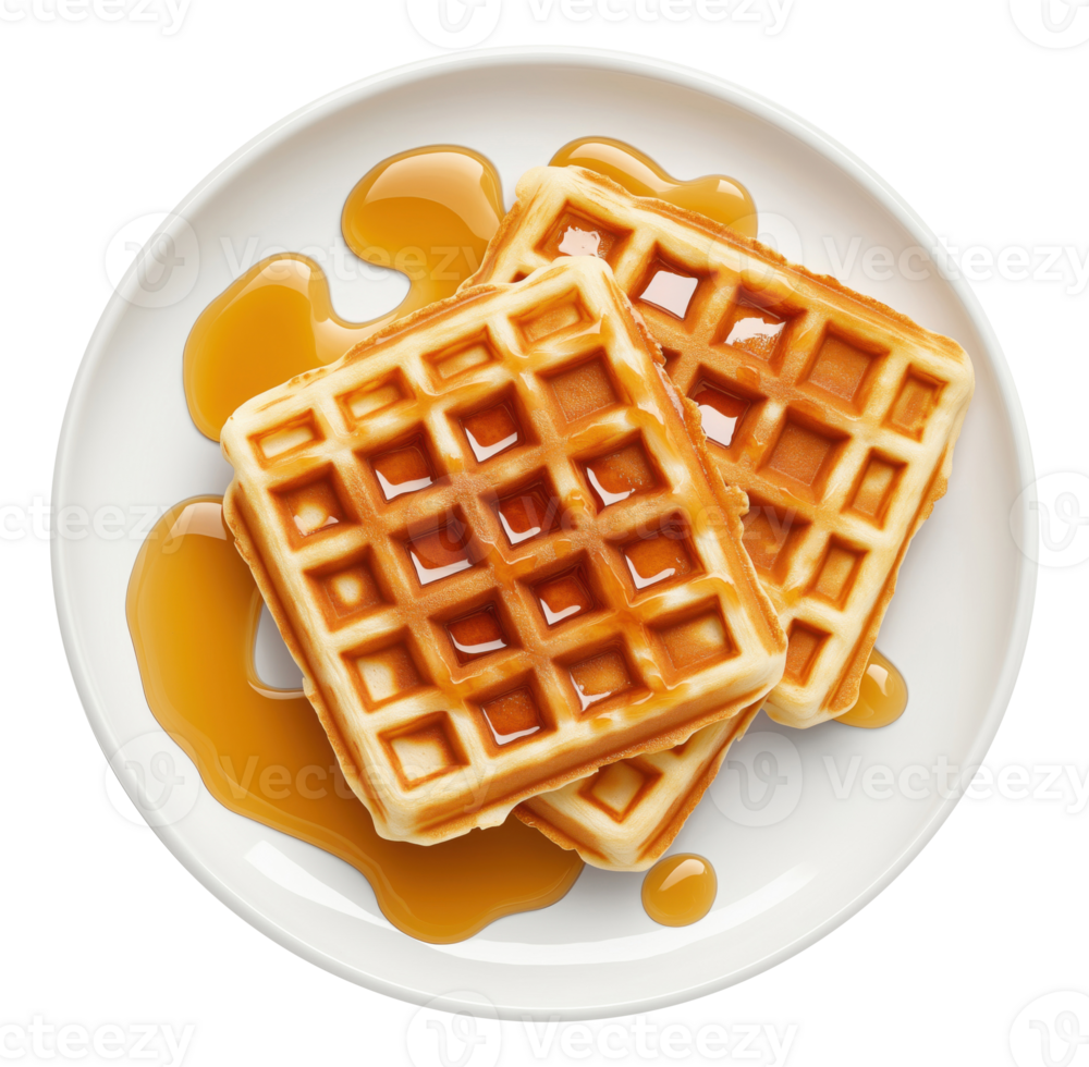 Waffles with syrup on the plate isolated on transparent background, top view png
