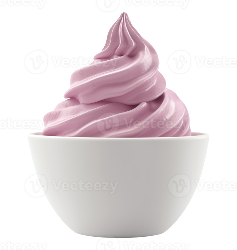 Fresh swirled purple whipped cream in ceramic bowl isolated on transparent background png