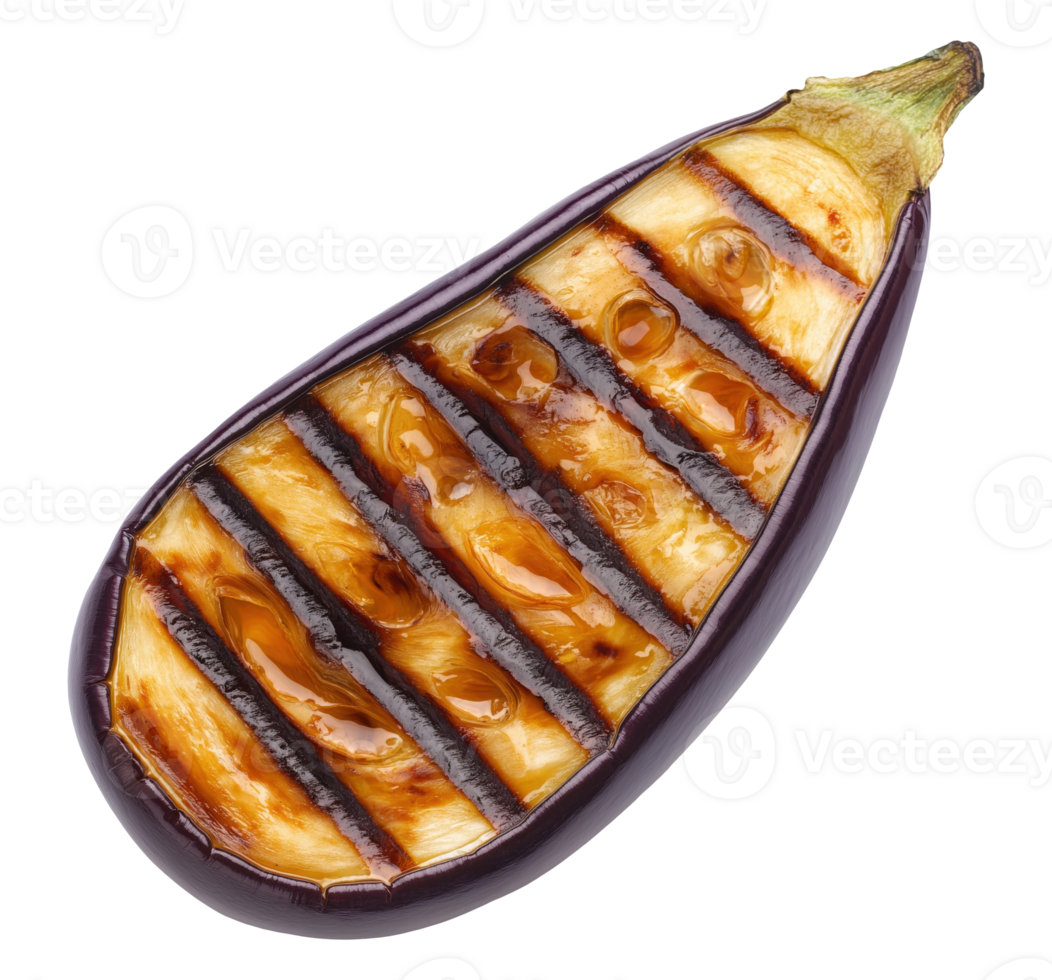 Roasted eggplant slice with charred grill marks isolated on transparent background png