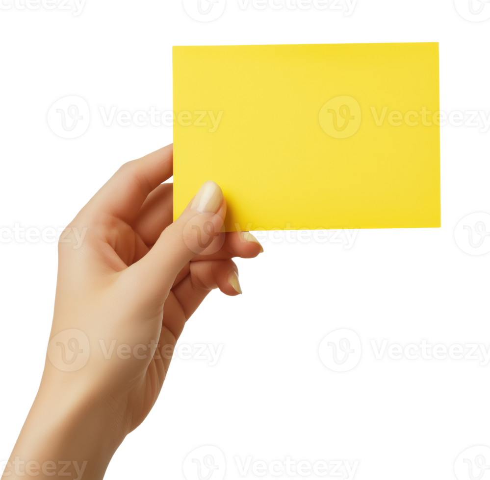 Hand holding a small yellow paper note, isolated on a transparent background png