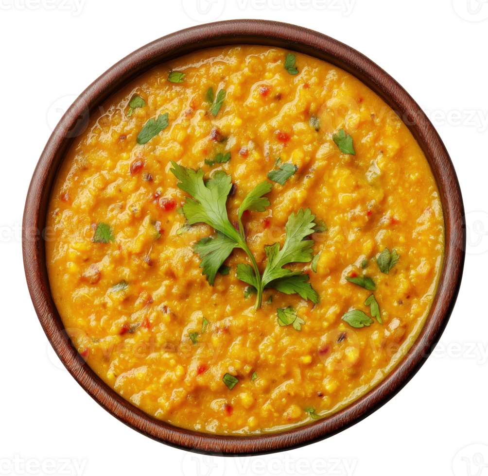 Traditional Indian dal tadka in a round bowl isolated on transparent background png