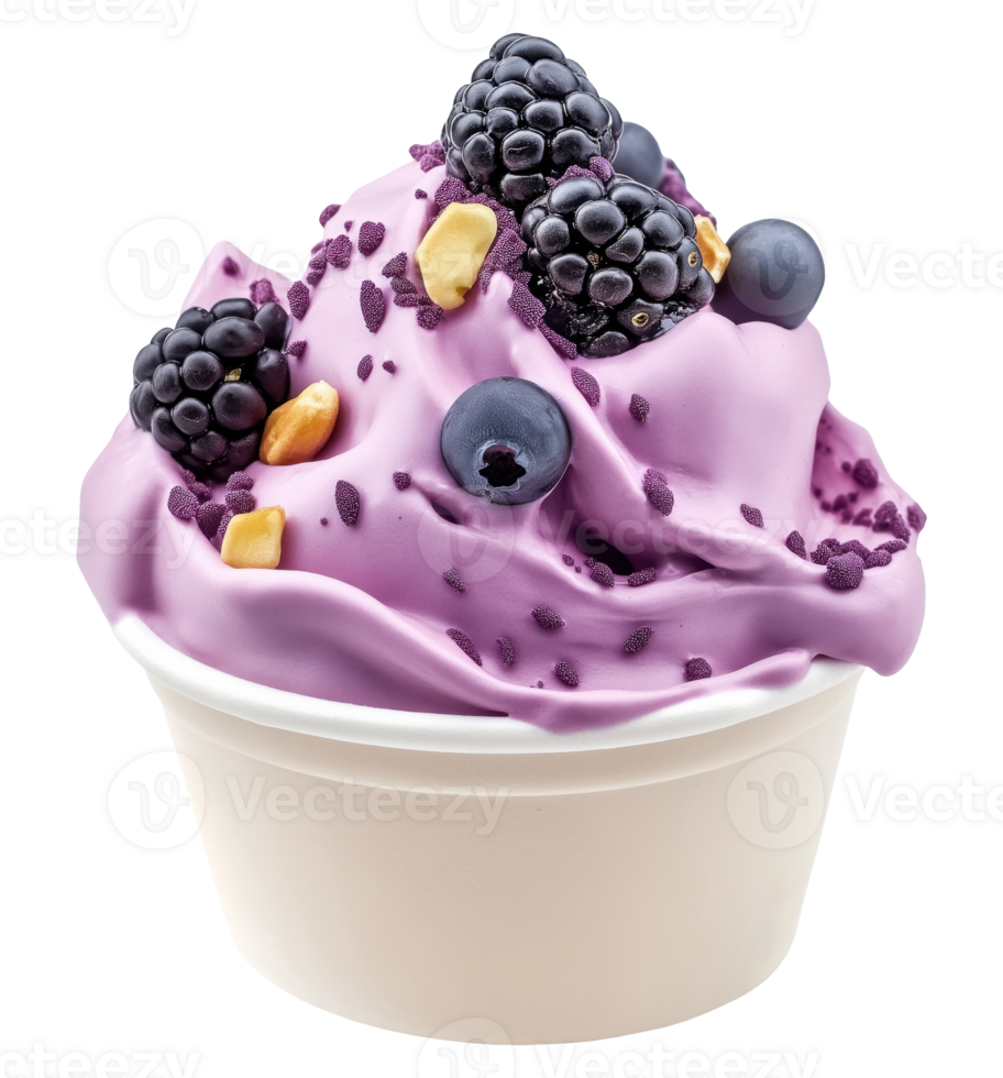 Creamy purple frozen yogurt in white cup topped with fresh blackberries and blueberries png