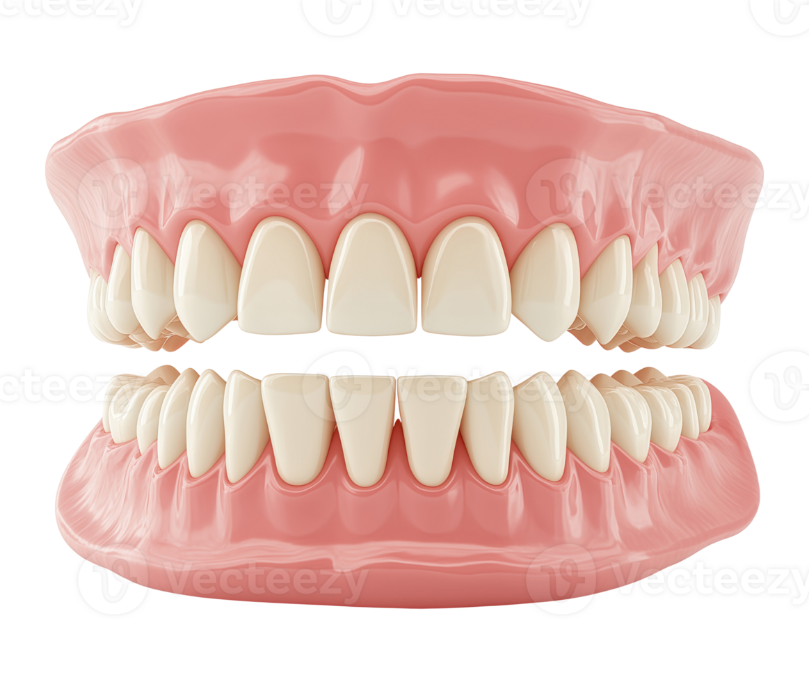 Denture prosthesis with pink gums and white teeth isolated on transparent background png