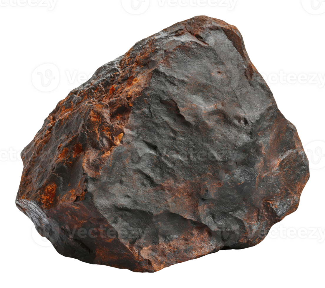 Natural rough iron ore rock specimen with reddish-brown rust coloration and dark surface isolated on transparent background png