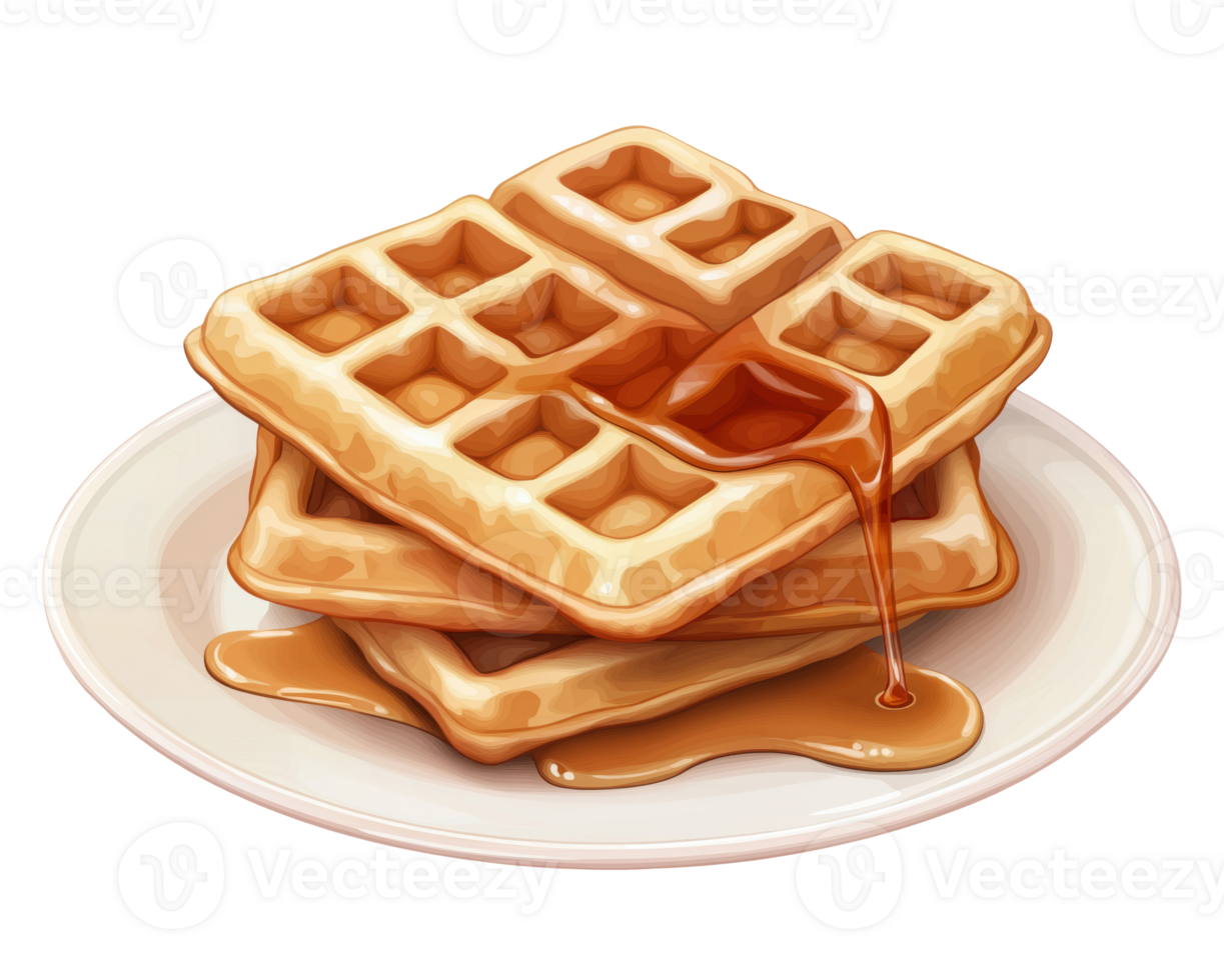 Illustration of a plate with waffles with syrup isolated on a transparent background png