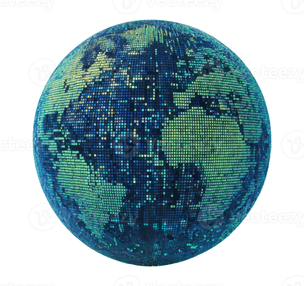 Illustration of a digital earth globe made of pixel blocks, representing data, networks, and technology, isolated on a transparent background png