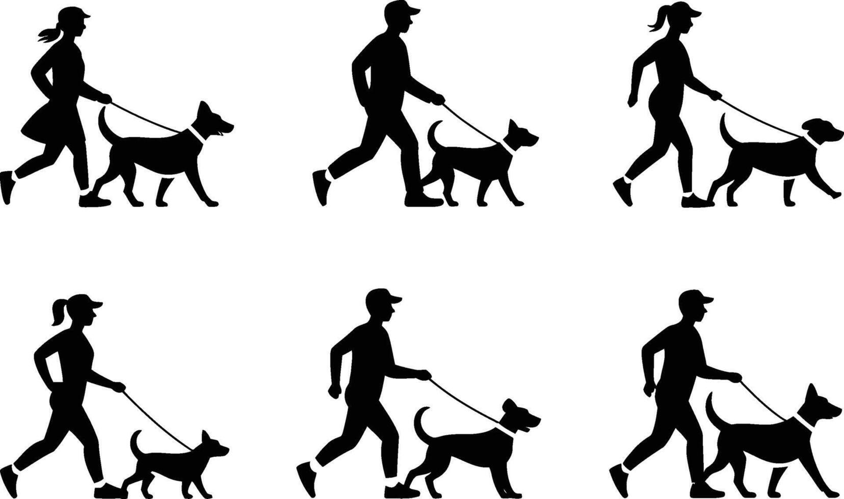 Silhouetted people and dogs walking and jogging on a white background illustrating pet ownership and exercise vector