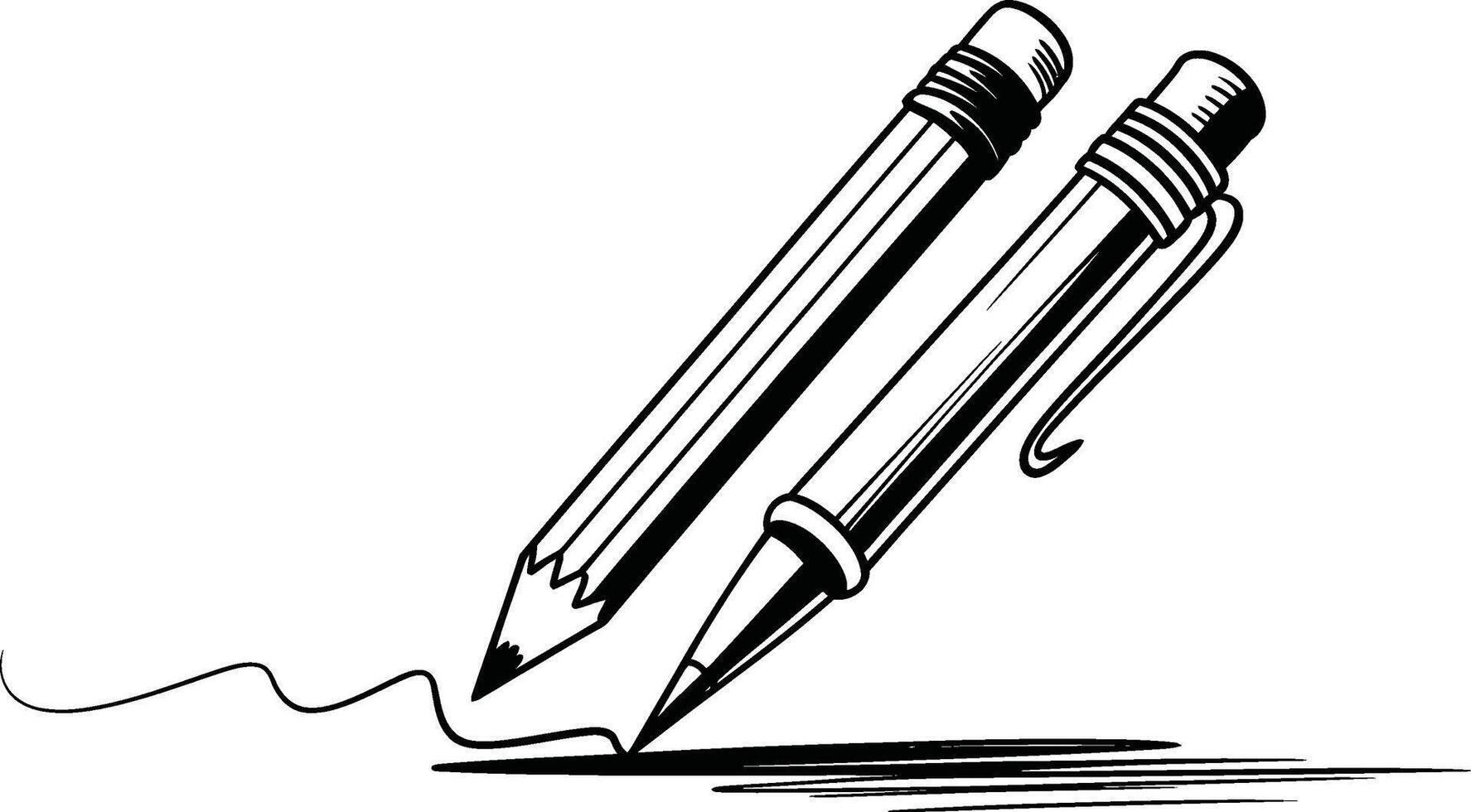Black and white illustration featuring a pencil and pen creating lines on white surface vector