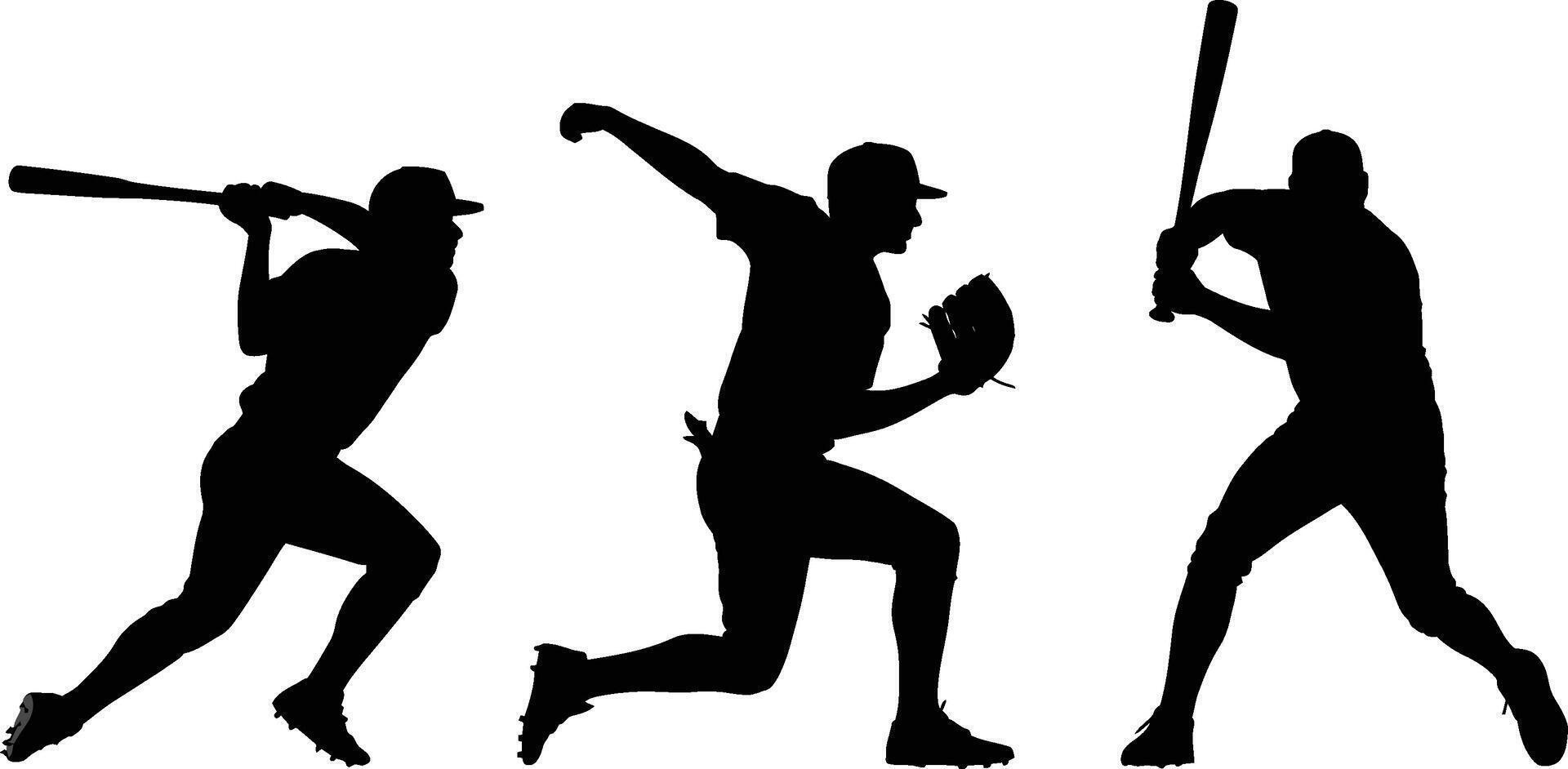Dynamic silhouettes of baseball players in action performing different baseball activities vector