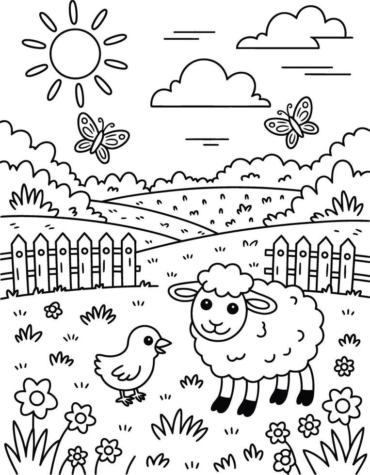 Cute farm scene with sheep and chick in a whimsical meadow coloring page for kids vector