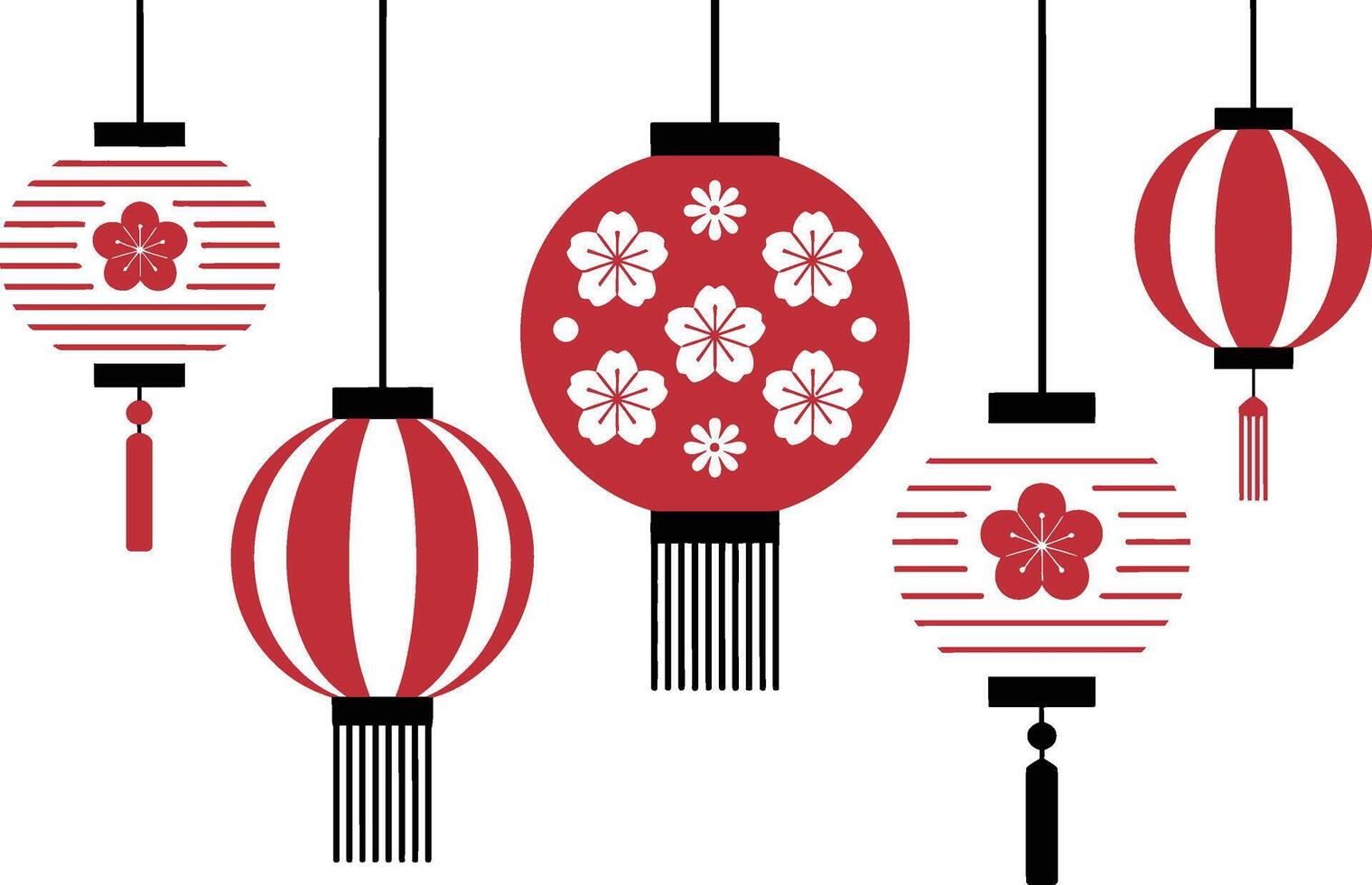 Decorative hanging red lanterns with floral and striped designs on a white background vector