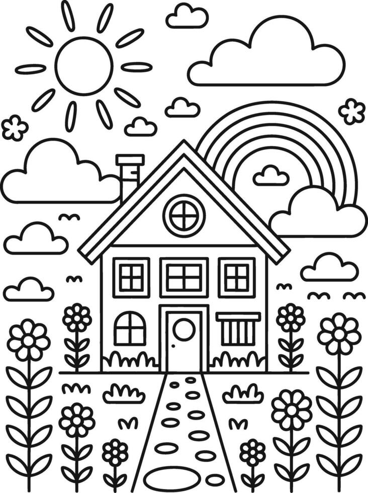 Whimsical illustration of a house with sun clouds rainbow flowers in a black and white style vector