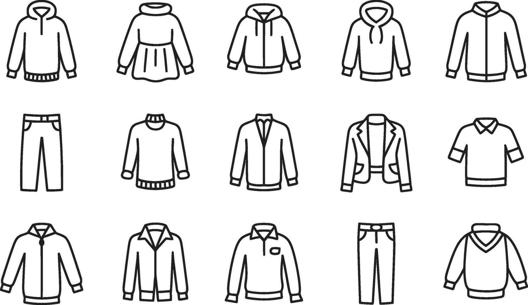 illustration of various modern clothing items including hoodies jackets and pants in a simple style vector