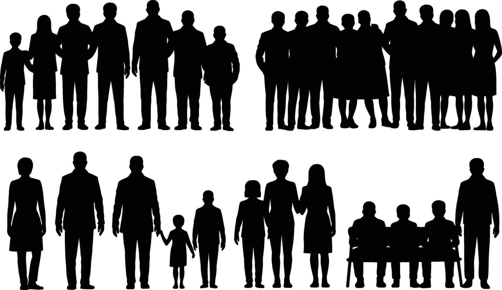 Silhouettes of various people groups depicting families friends and business teams in black vector