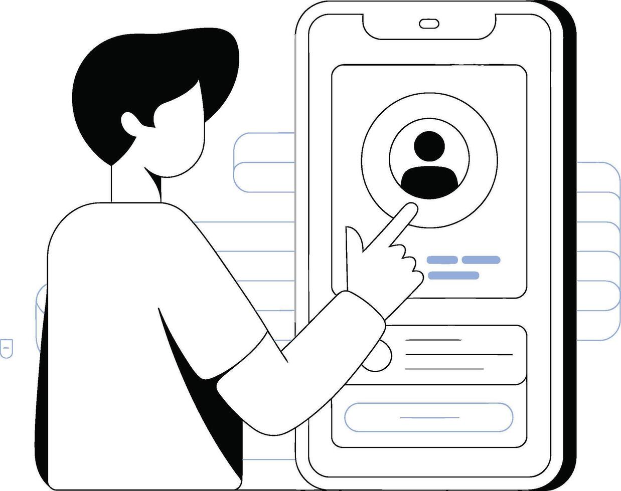 User interacting with mobile phone application representing personal profile or contact information vector