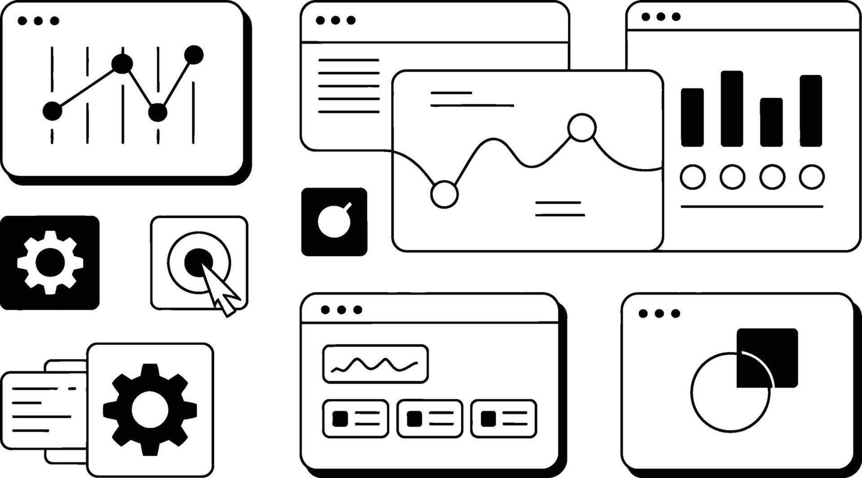 Modern business and data analysis icons representing statistics and settings on white background vector