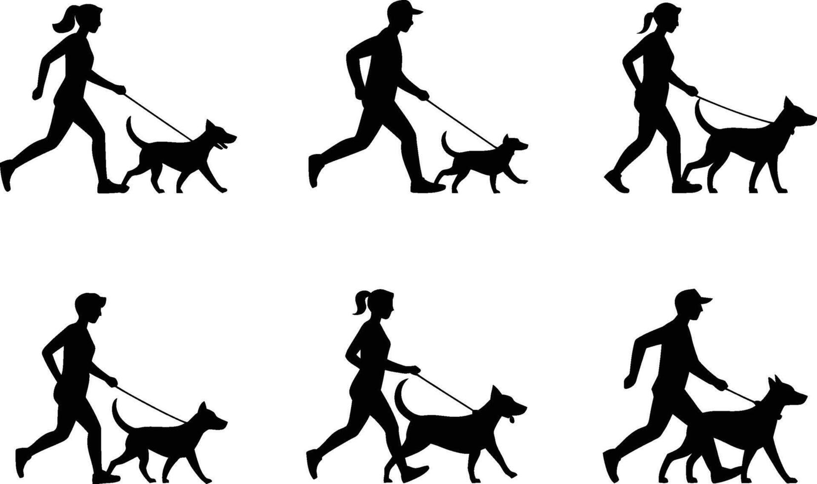 Silhouetted illustrations of people walking and running with their dogs on leashes for pet care vector
