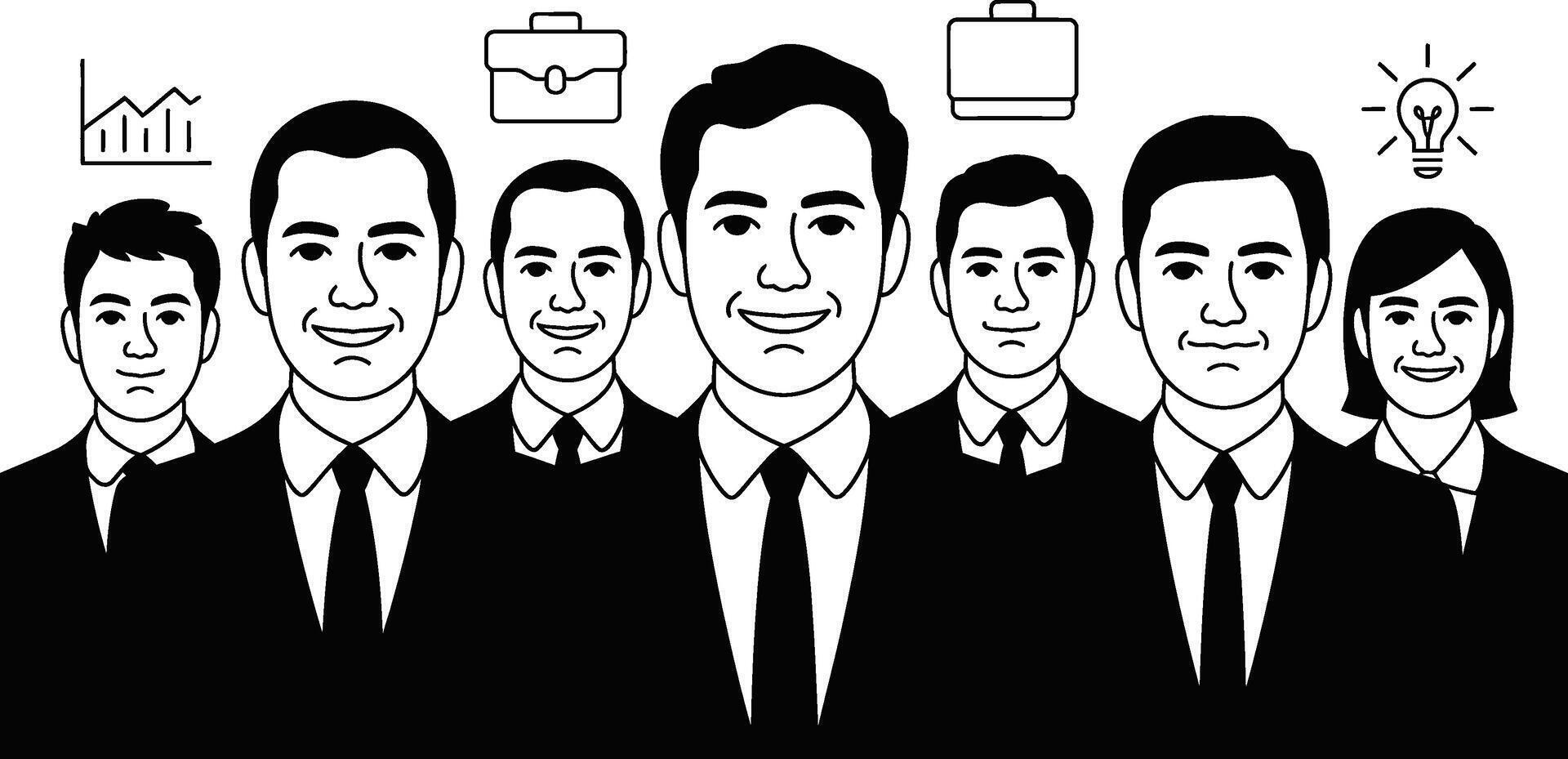 Business team standing together portraying success and professionalism in simple monochrome vector