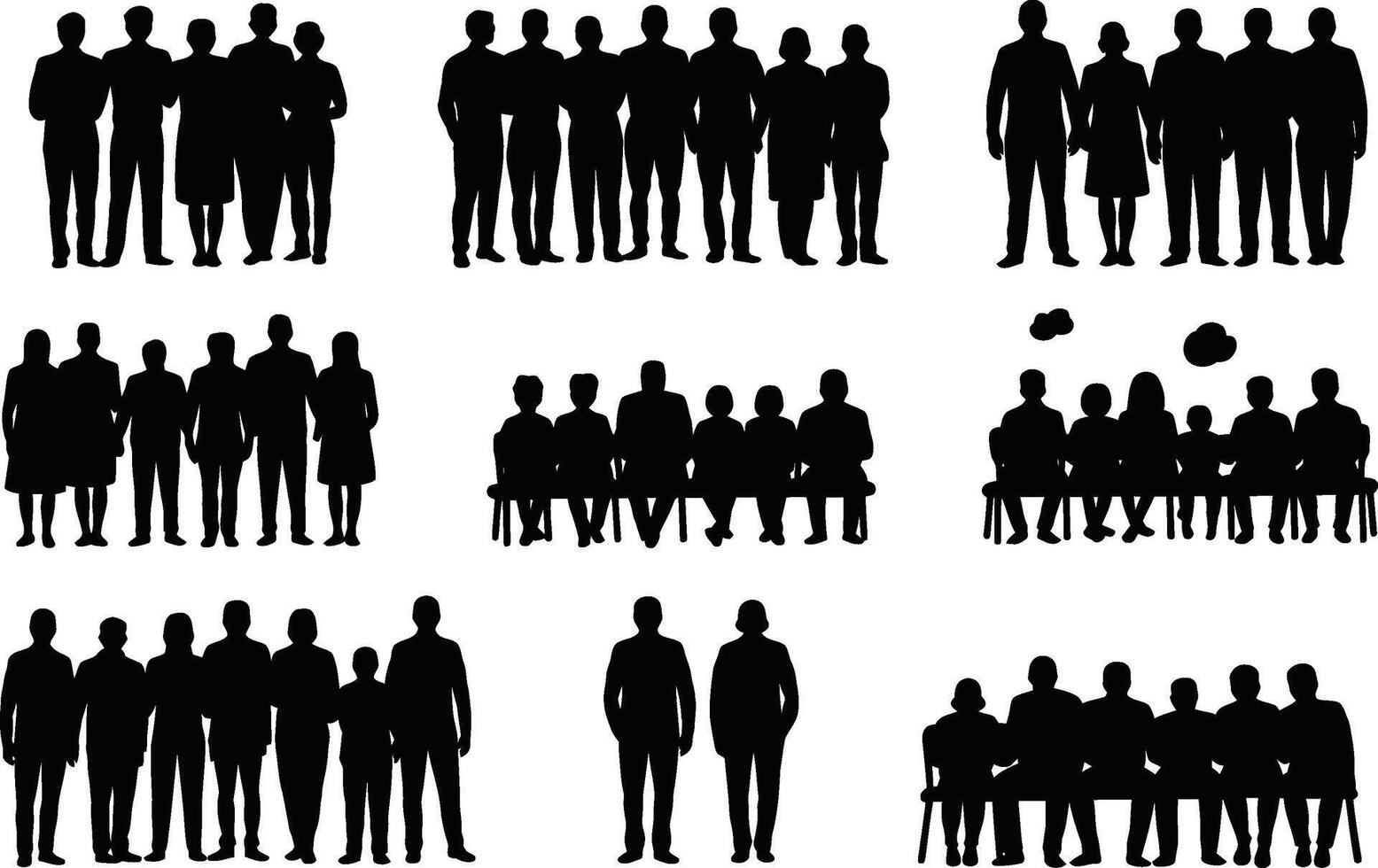 Silhouettes of diverse groups of people standing sitting and representing concepts of community and togetherness vector
