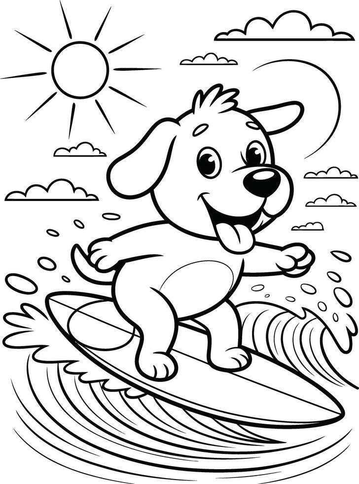 Adorable cartoon dog surfing on a wave under a sunny sky with cheerful expressions vector