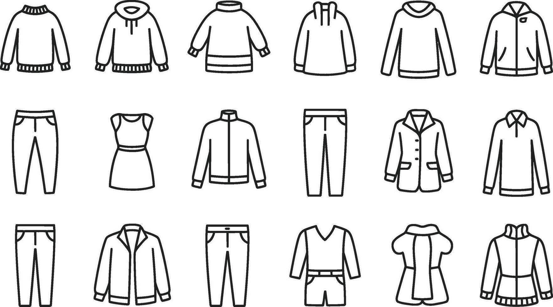 Minimalist outlined clothing collection featuring various tops bottoms and dresses for fashion design vector