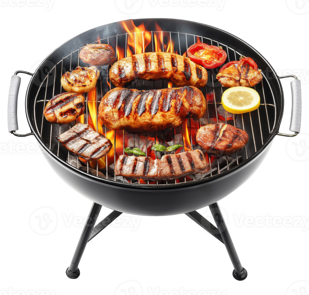 Round charcoal grill filled with sizzling meat cuts and vegetables isolated on transparent background png