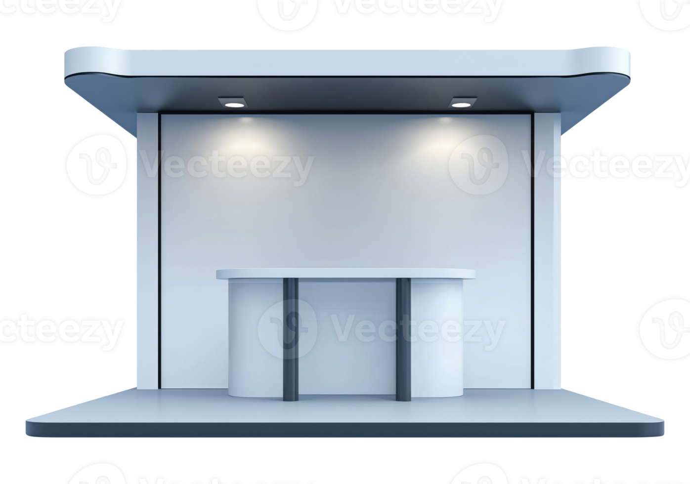 Empty minimalist exhibition stand or trade show booth in light blue color with spotlights, isolated on a transparent background png
