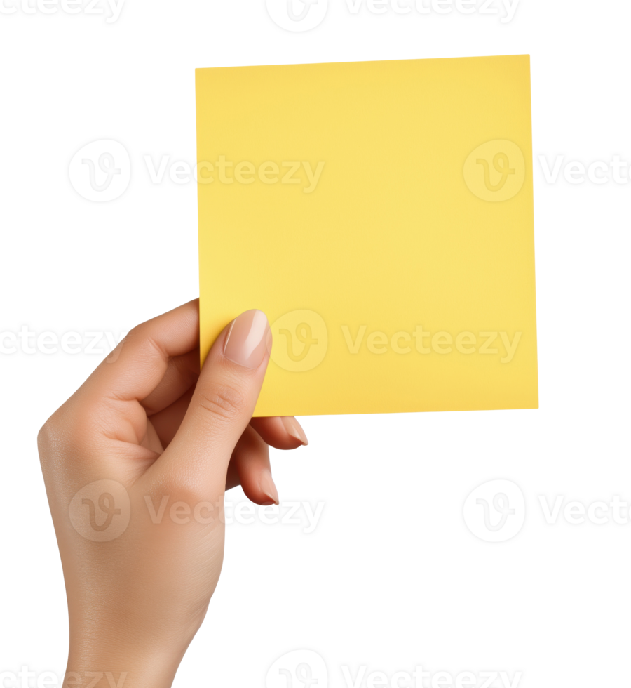Female hand holding a blank yellow paper note, isolated on a transparent background png