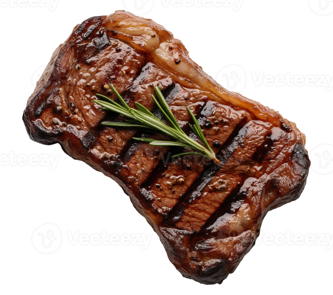 Juicy grilled beef steak with fresh rosemary sprig isolated on transparent background png