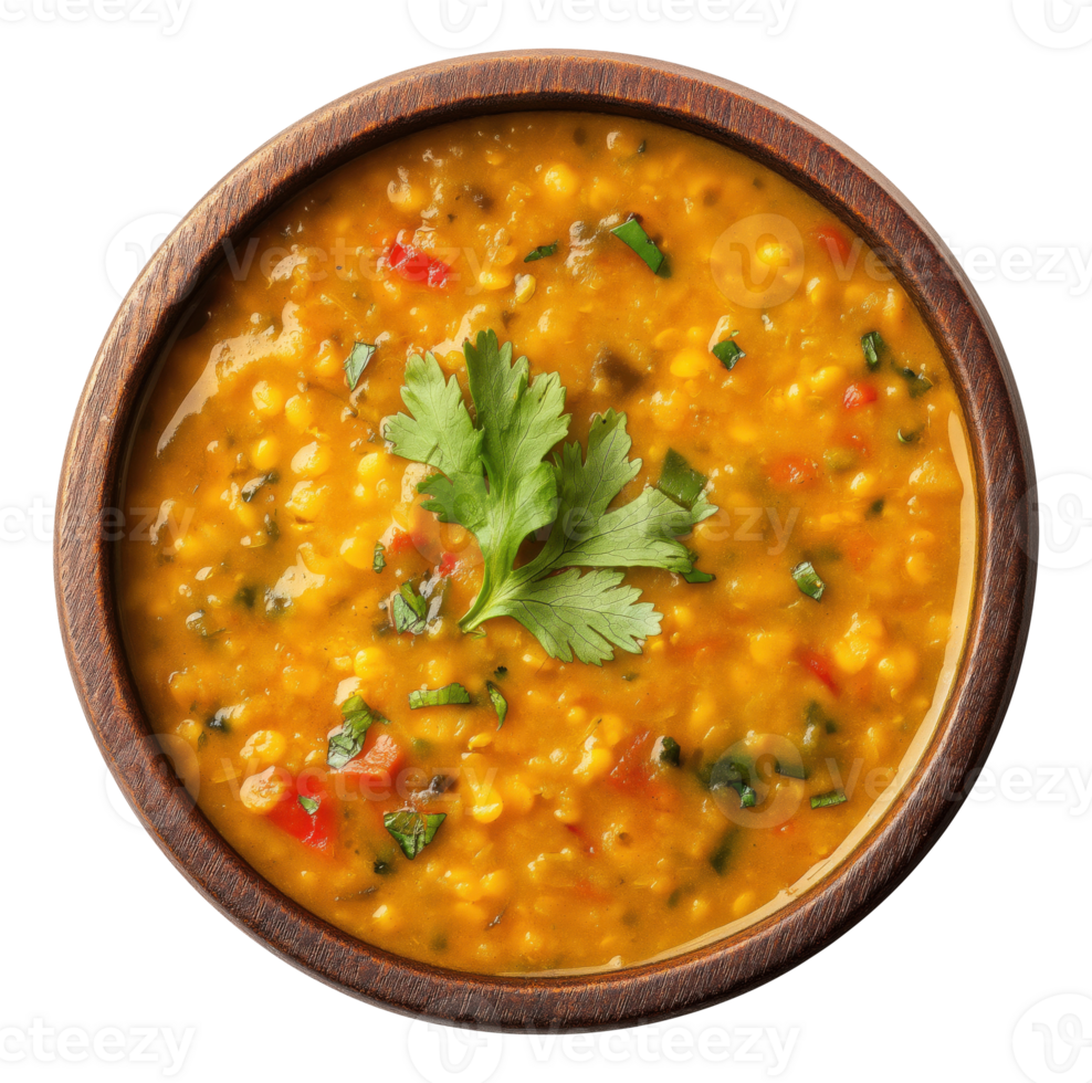 Traditional Indian dal tadka served in a round bowl isolated on transparent background png