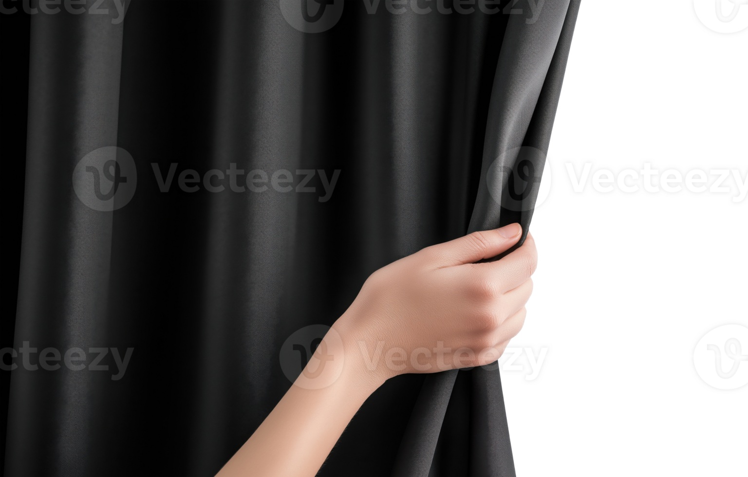 Human hand pulling open a black curtain, isolated on a transparent background png