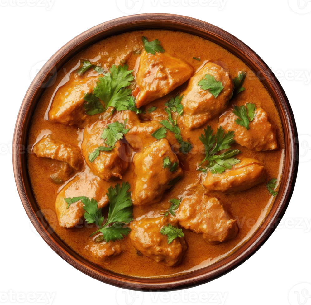 Spicy chicken curry in brown sauce garnished with fresh green cilantro in round bowl png