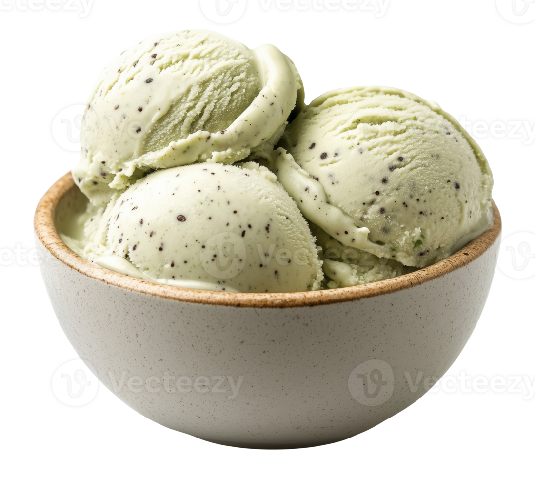 Fresh mint ice cream with chocolate chips served in a ceramic bowl isolated on transparent background png
