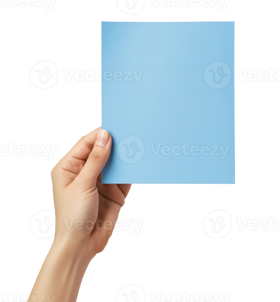 Female hand holding a blank blue sheet of paper, isolated on a transparent background png