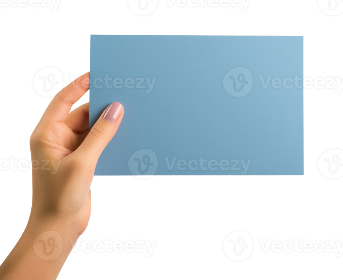 Female hand holding a blank blue sheet of paper isolated on a transparent background png
