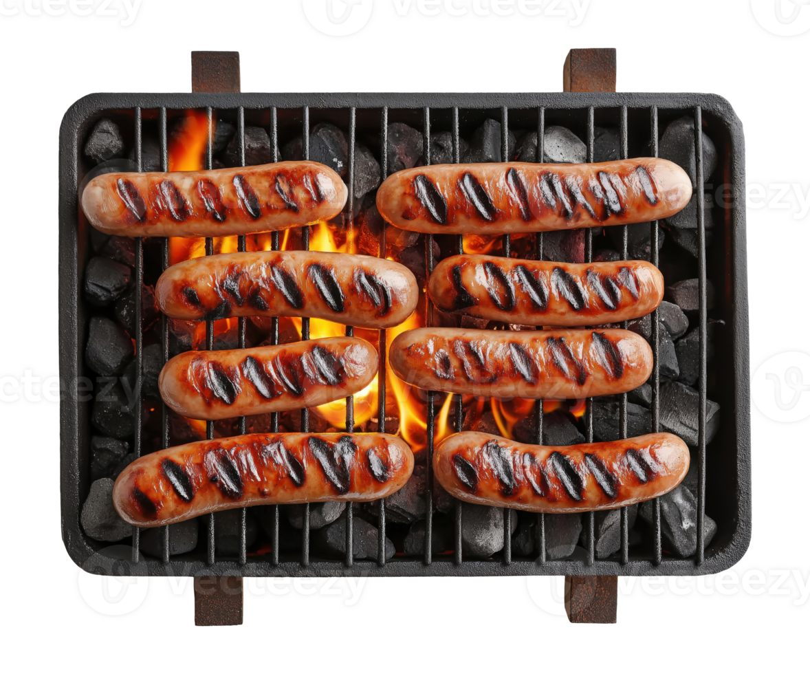 Grilled sausages cooking on rectangular barbecue grill, isolated on transparent background png