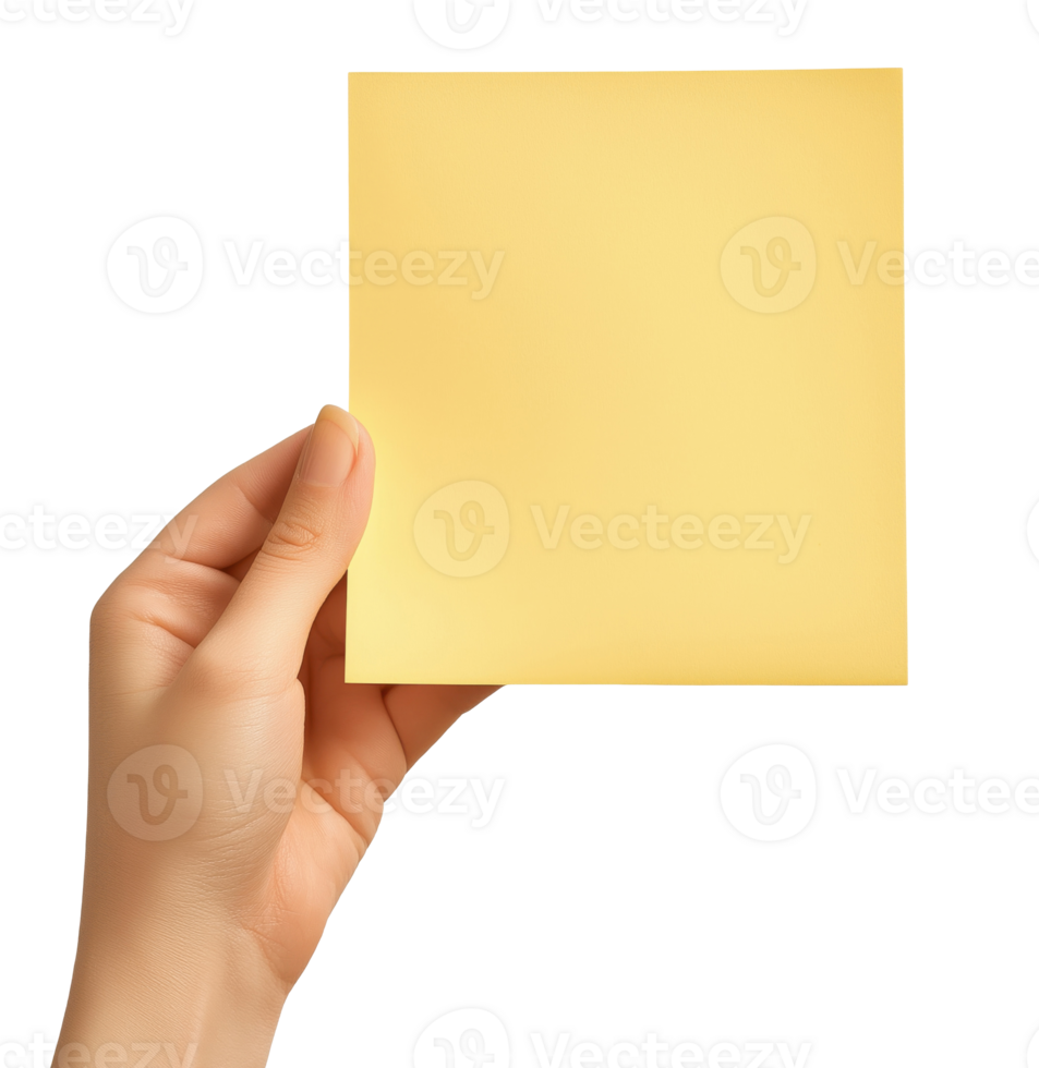 Female hand holding a yellow paper note, isolated on a transparent background png