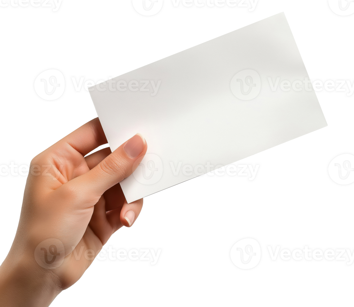 Female hand holding a blank white sheet of paper isolated on transparent background png