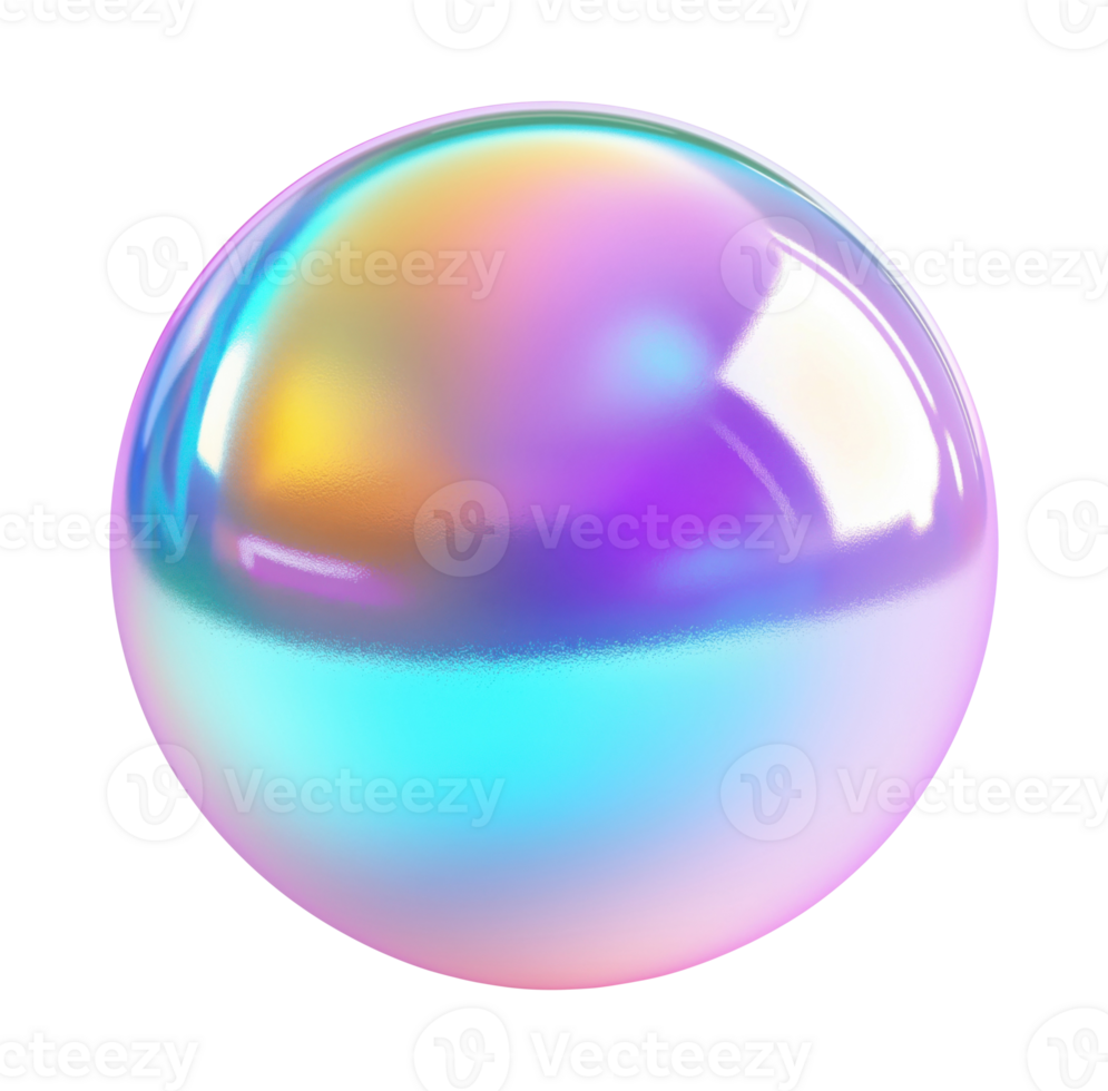 Shiny holographic 3D sphere with iridescent rainbow surface reflections isolated on transparent background png
