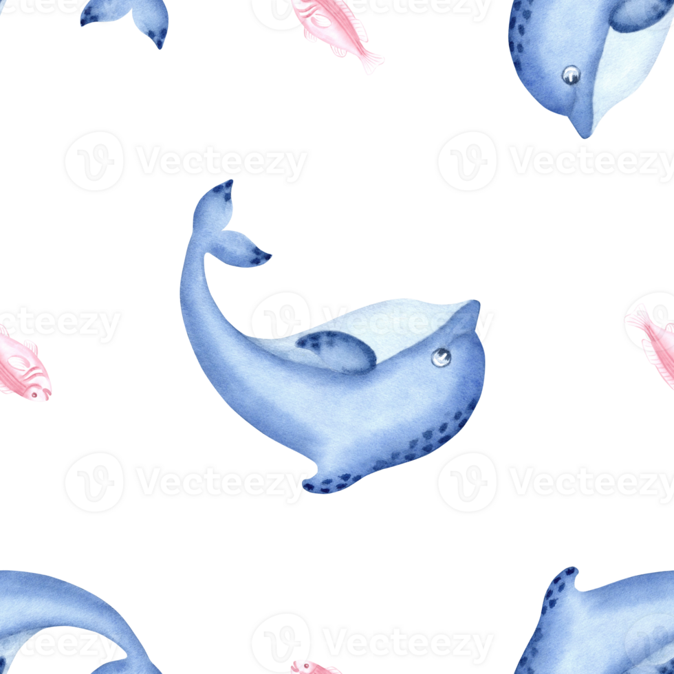 Blue dolphins and fish watercolor seamless pattern for baby designs. Cute sea animal characters illustration for children backgrounds. Hand drawn underwater inhabitants. Marine mammals in kids style. png