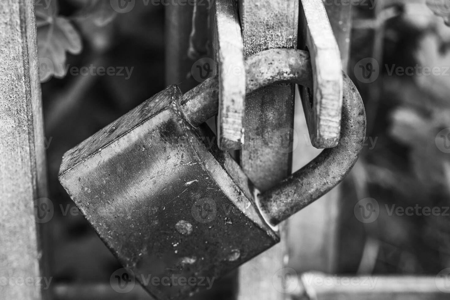 Rusty padlock secured tightly on an old gate, hinting at stories of forgotten spaces and memories held captive in time photo